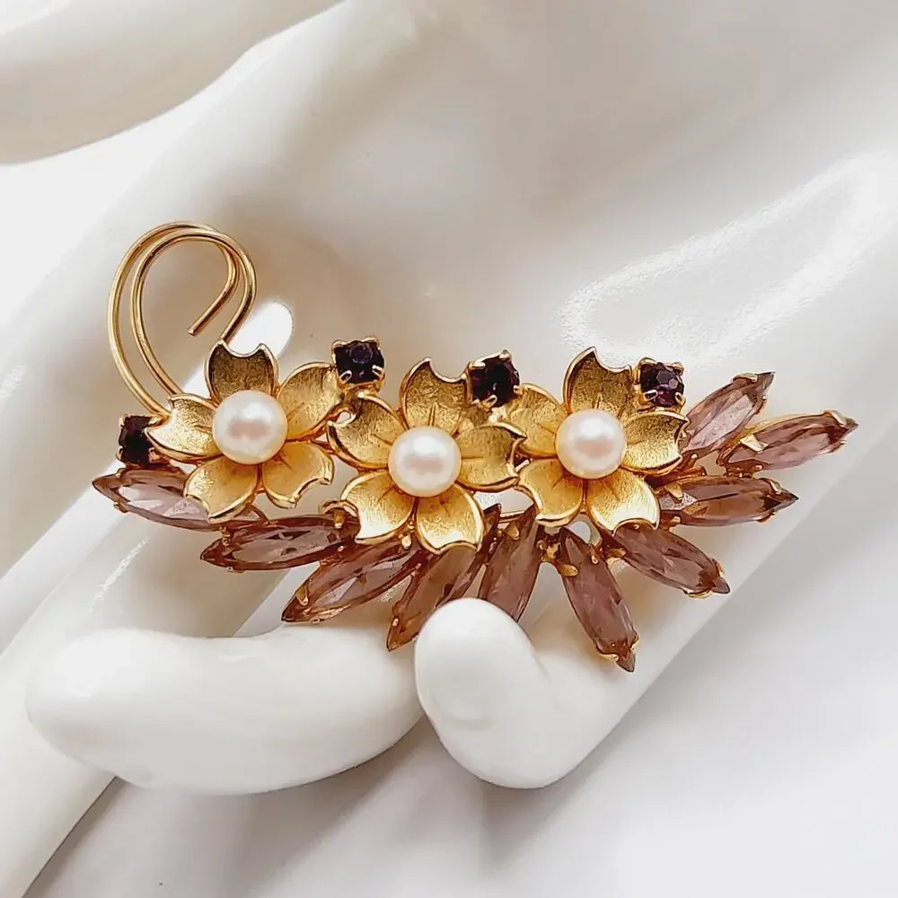 Vintage Floral Brooch, Faux Pearl Flowers, Open Back Rhinestones, 2 1/2